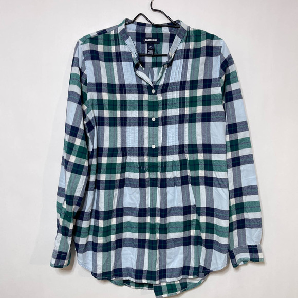 Lands' End Tops Lands End Henley Flannel Shirt Womens 2 Tall Blue Green White Long Sleeve